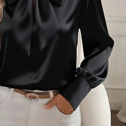 Women’s Elegant Satin Bow Blouse – Long Sleeve Casual Shirt for Spring & Fall