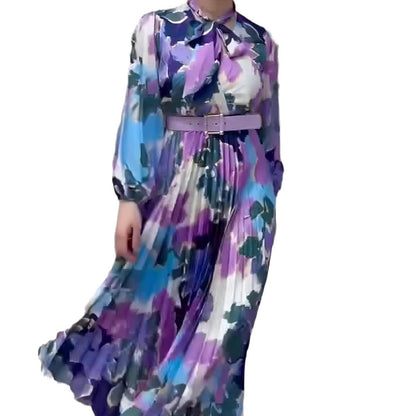 Women's Scarf Collar Graceful Puff Sleeve Waist Trimming Printing Design Sense Dress