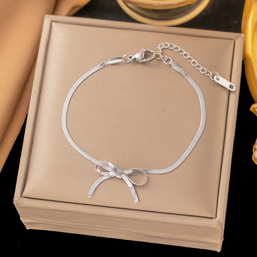 Gold Plated Stainless Steel Snake Chain Necklace with Bowknot Charm - Trendy Choker for Women