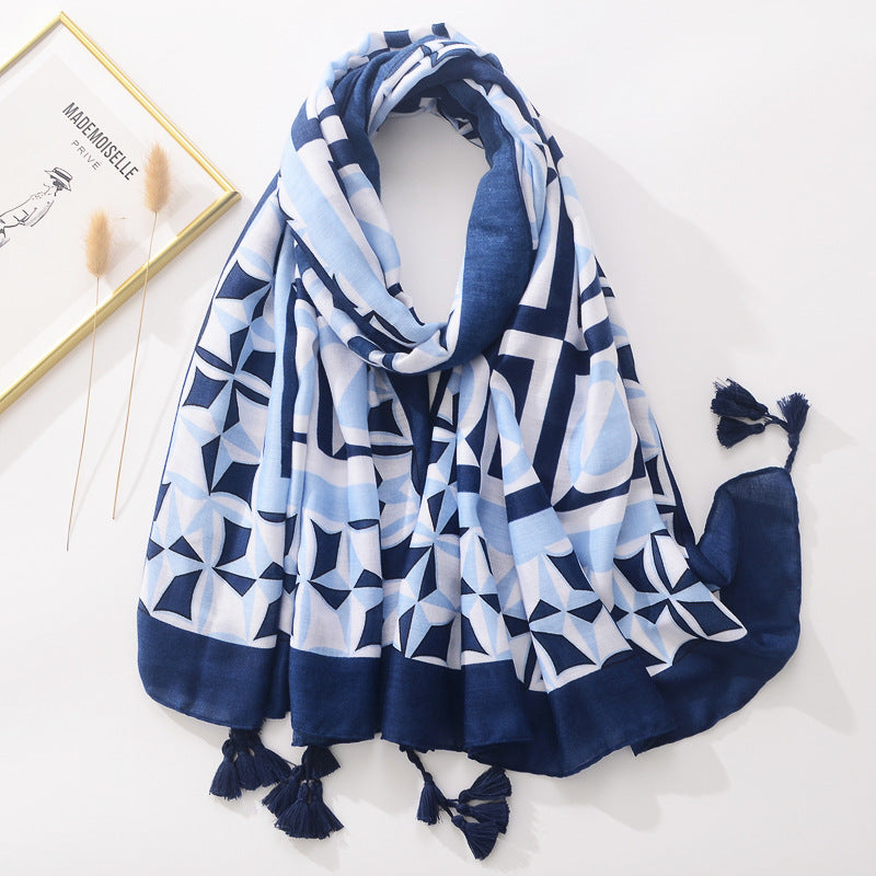 Blue And White Tie-dyed Cotton And Linen Feel Scarf Retro Artistic Travel Sun Protection Shawl - myETYN
