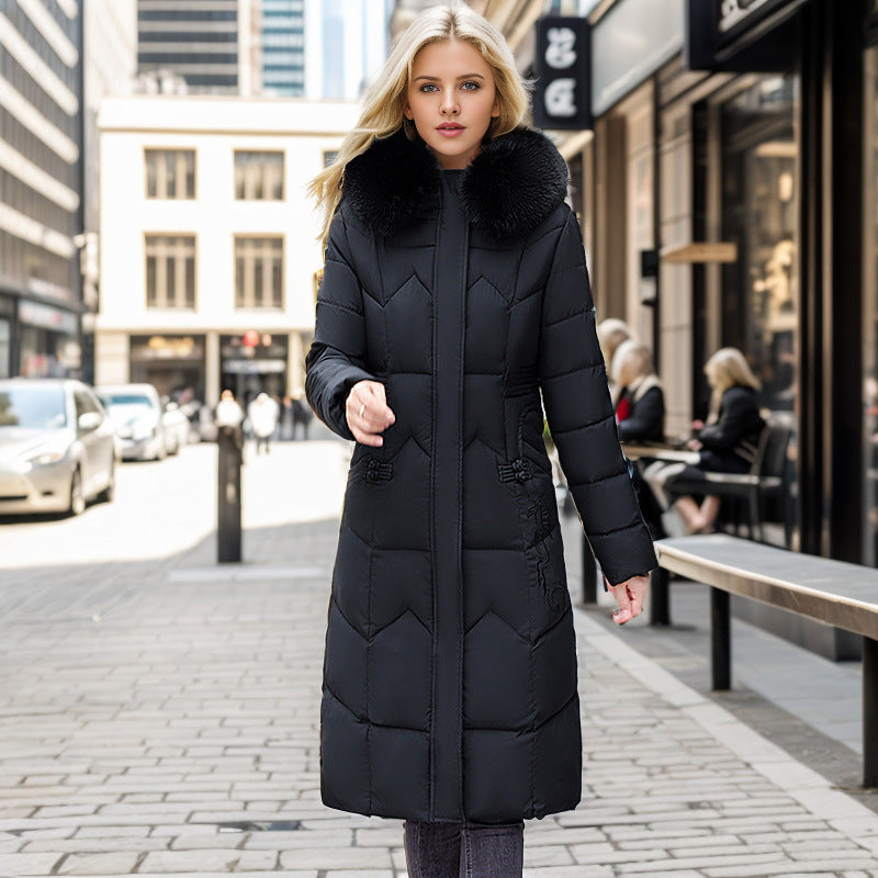 Women’s Winter Long Coat with Thickened Fur Collar – Slim Cotton-Padded Jacket
