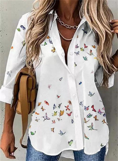 Women's Loose Flower Print Long-sleeved Shirt