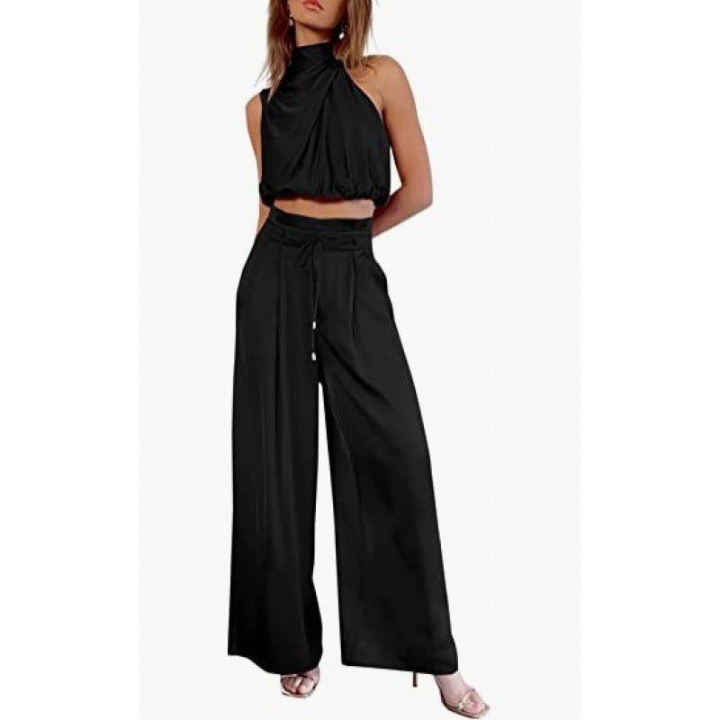 Summer Suits Casual Sleeveless Midriff-baring Top And Wide Leg Pants 2pcs Set Womens Clothing