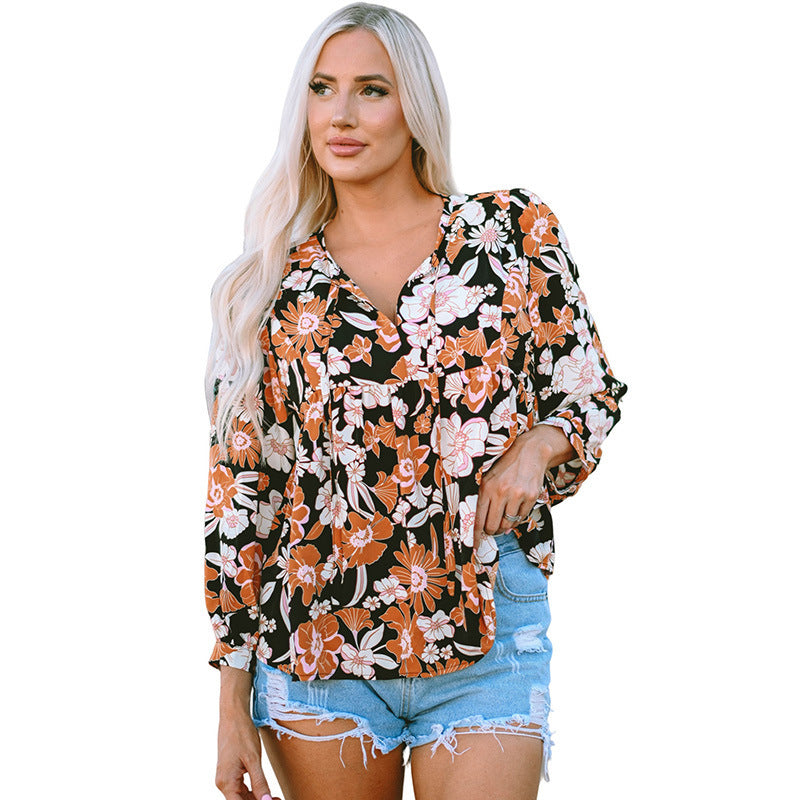 Women's Floral Print Lace Casual Style Pullover Shirt