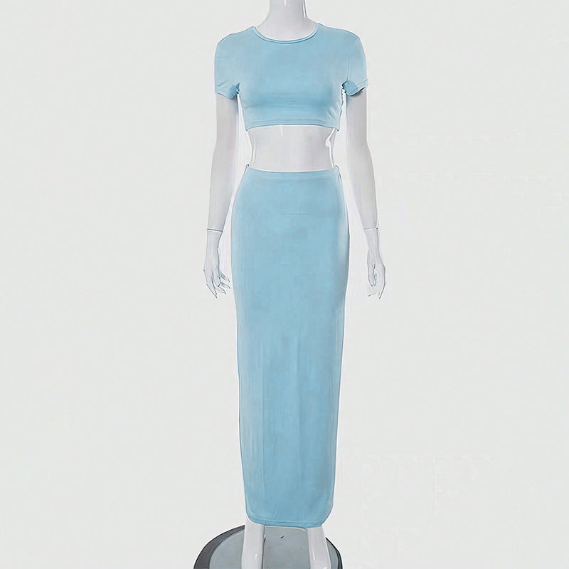 Female Casual Crop Top Hip Hugging A-line Skirt Set