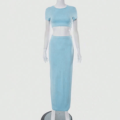 Female Casual Crop Top Hip Hugging A-line Skirt Set