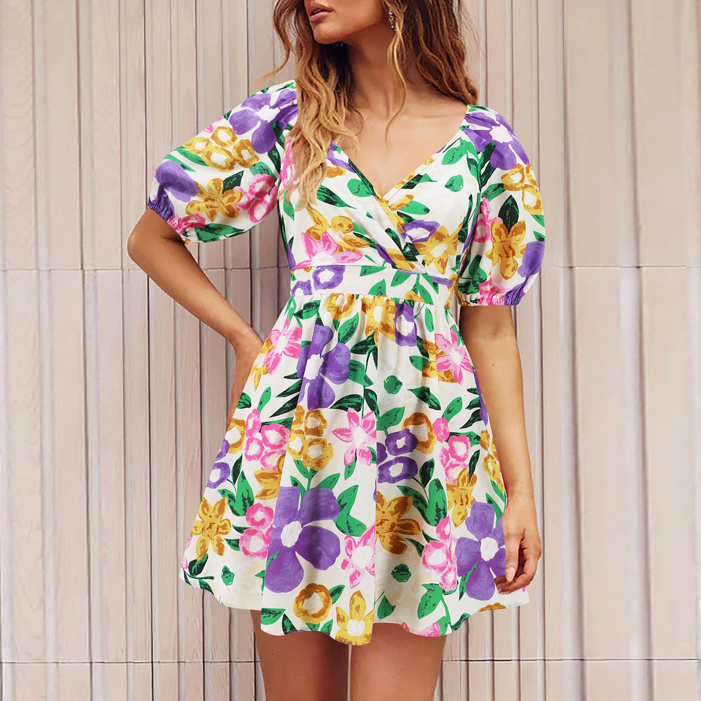 Flowers Print V-Neck Lantern-sleeve Dress Y2K Summer Vacation Beach Short Dresses Fashion Womens Clothing