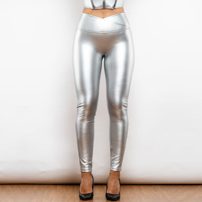 Shascullfites Melody X Cross Silver High Waist Leather V Shape Leggings Metallic Leggings Sexy Woman Clothing - myETYN