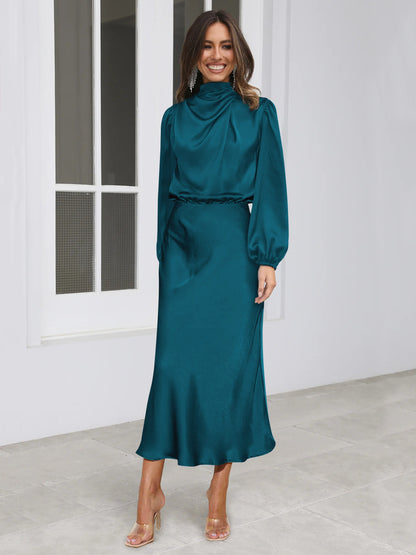 Elegant Temperament Long-sleeved Dress Satin Halterneck Formal Evening Dresses Women Clothing