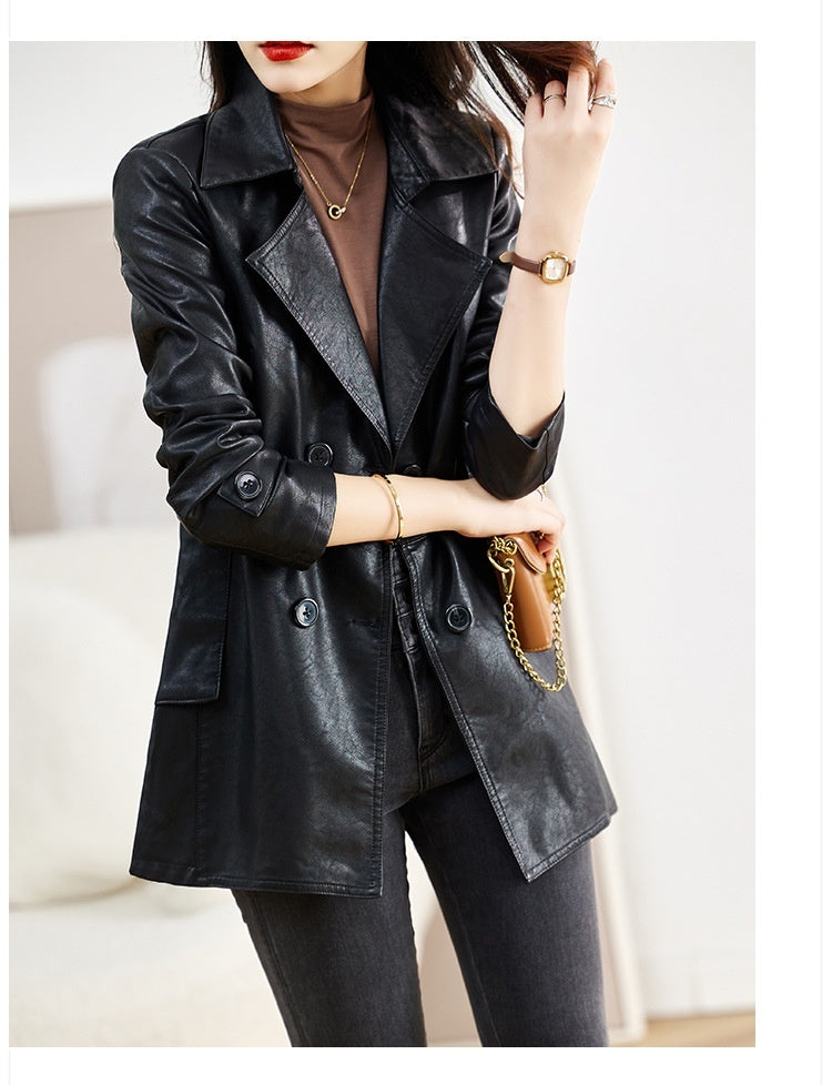 Women’s Mid-Length Sheepskin Leather Coat – Elegant Spring & Autumn Outerwear