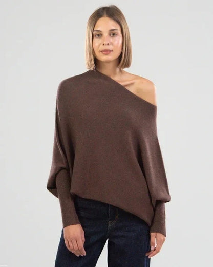 Solid Off-shoulder Batwing Sleeve Sweater Fashion Round Neck Temperament Pullover Top Womens Clothing