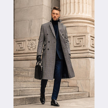 Full Wool Suit Collar Medium Length Double Breasted Checked Overcoat - myETYN