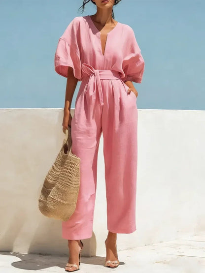 Fashionable V-Neck Cotton-Linen Jumpsuit for Women
