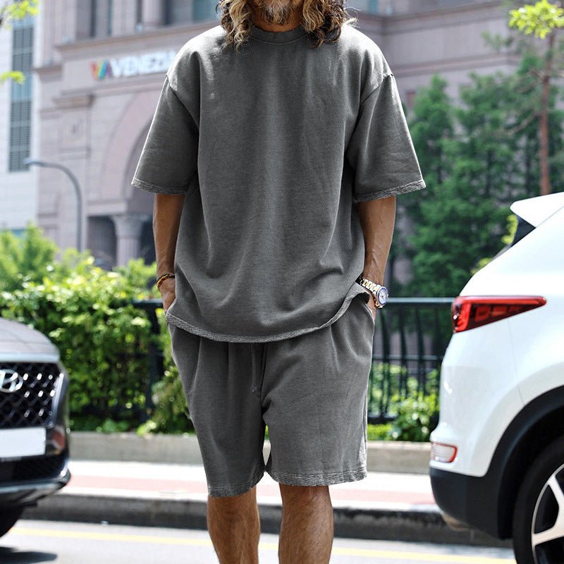 2pcs Loose Sports Suits Summer Round Neck Short - sleeved T-shirt And Drawstring Pockets Shorts Casual Solid Color Set Mens Clothing - myetyn