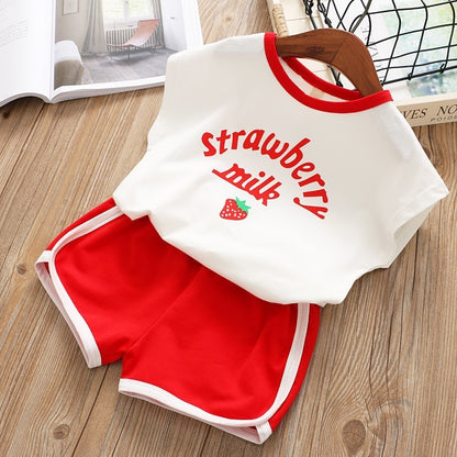 Girls Korean Strawberry Print Tank Top Shorts Two-Piece Set