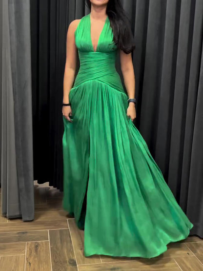 Emerald Green Pleated Maxi Gown with Plunging Neckline & Side Slit