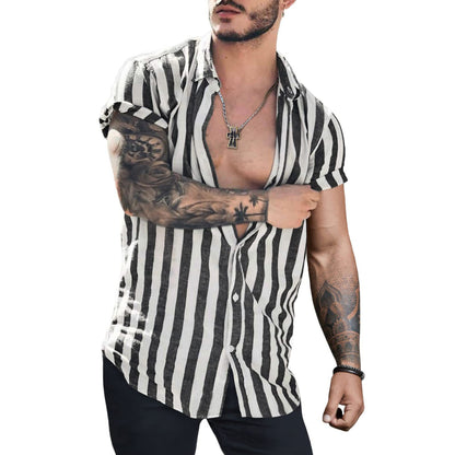 Lapel Striped Cardigan Linen Short Sleeve Shirt For Men