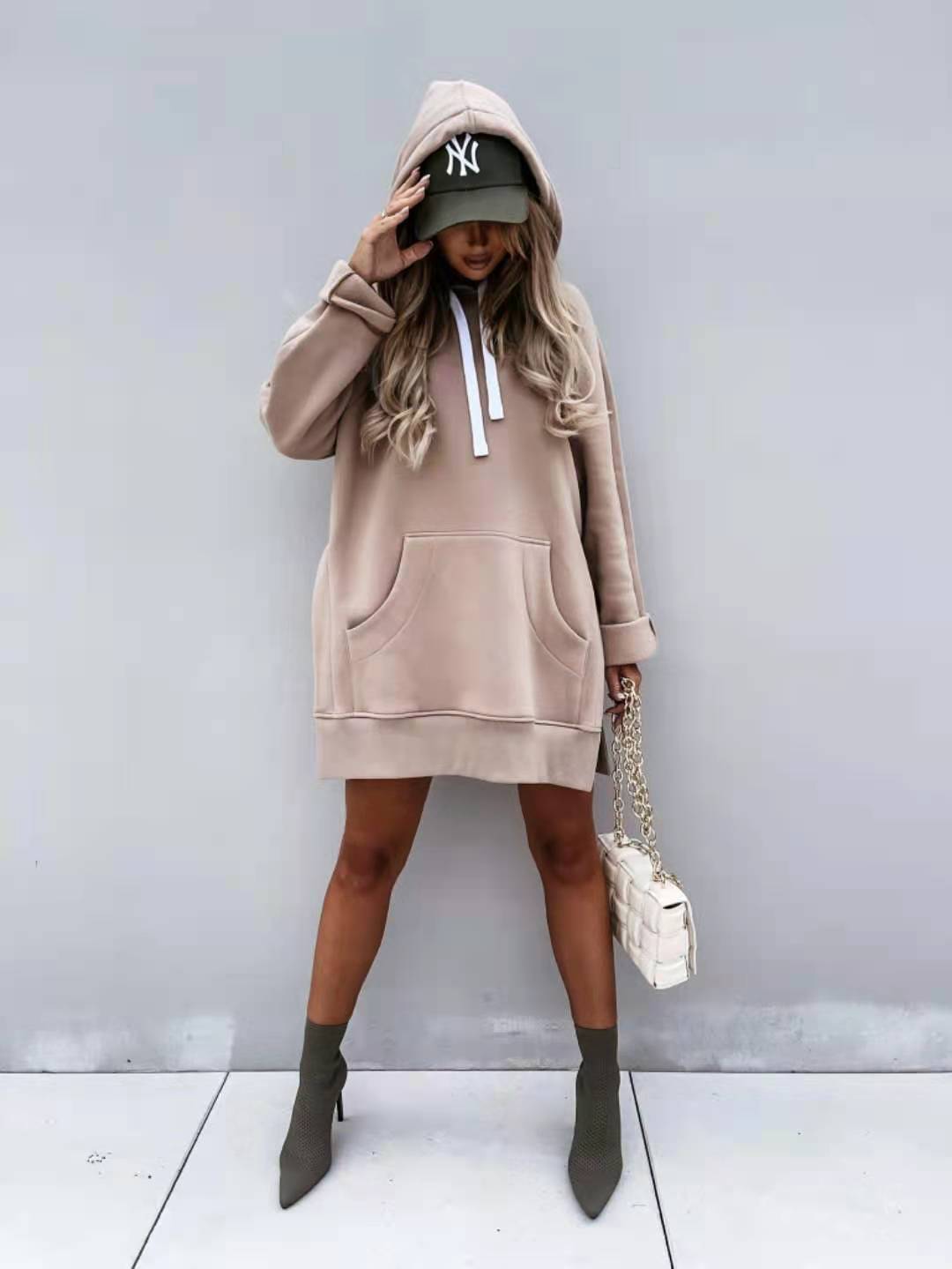 Women's Hooded Sweatshirt With Pockets Fashion Casual Split Mid-length Sweater Drawstring Tops