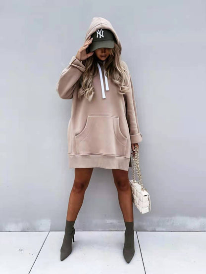 Women's Hooded Sweatshirt With Pockets Fashion Casual Split Mid-length Sweater Drawstring Tops