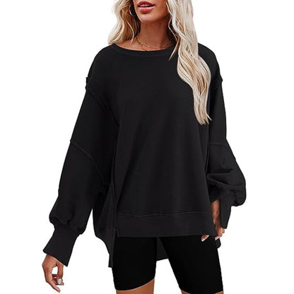 Pullover Sweatshirt Loose Round Neck Side Slit Long Sleeve Sports Sweatshirt For Women Tops - myETYN