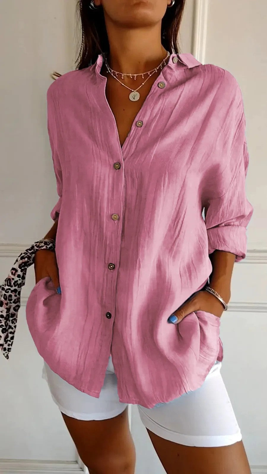 Popular Spring And Summer New Women's Loose Open Button Shirt Solid Color Top