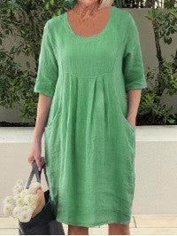 Women's Long Sleeve Round Neck Pocket Solid Color Dress