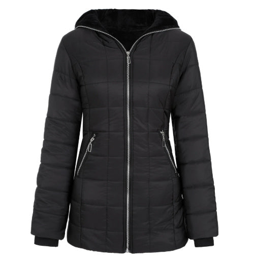 Ladies' Hooded Long-Sleeved Warm Cotton-Padded Jacket with Fleece