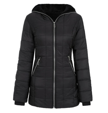 Ladies' Hooded Long-Sleeved Warm Cotton-Padded Jacket with Fleece