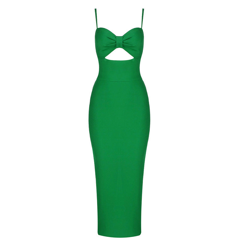 Fashion Waist Hollow Design New Sexy Solid Color V-Neck Halter Celebrity Party Club Bandage Long Dress