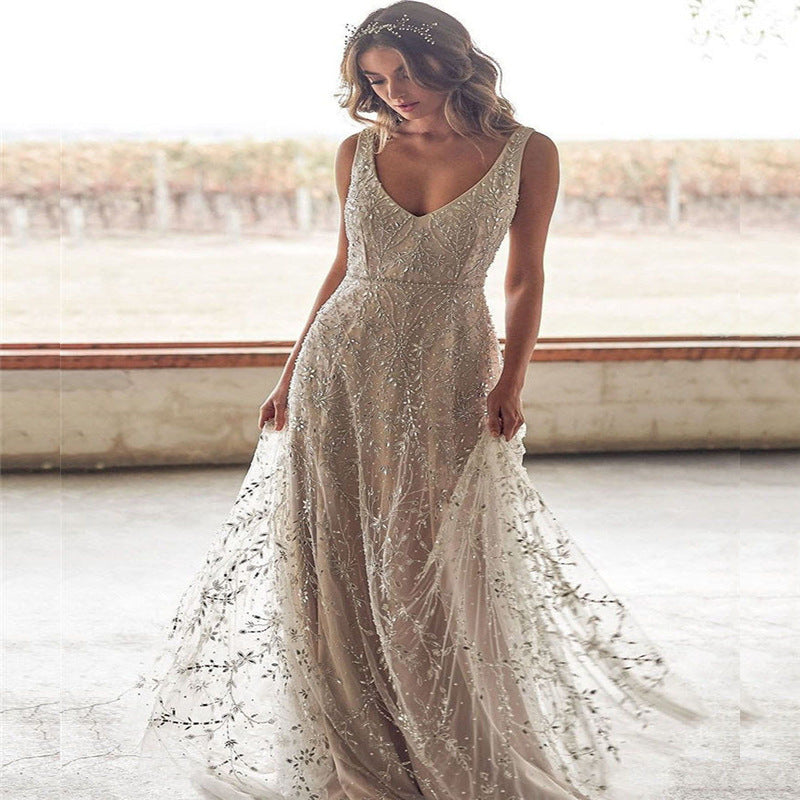 Women’s Long Bronzing Maxi Dress – V-Neck Party & Evening Wear