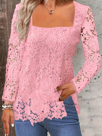 Fashion Long Sleeve Square Neck Tops Women Solid Color Floral Lace Shirt