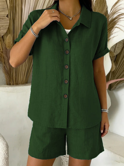 Casual Cotton-Linen Button-Up Shirt & Shorts Set – Breathable Summer Co-Ord for Women