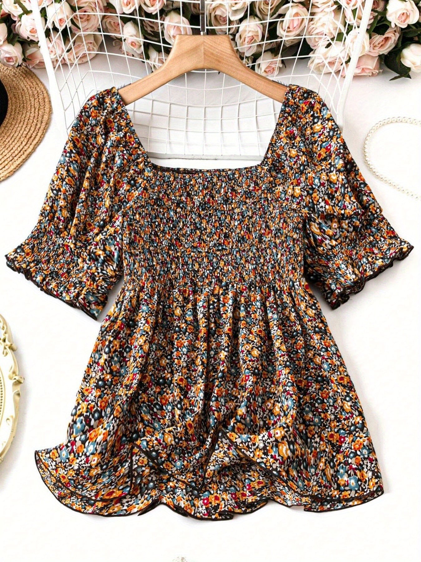 Women's Plus Size Elegant Shirred All-Over Print Blouse - Summer Stylish Square Neck Work Top