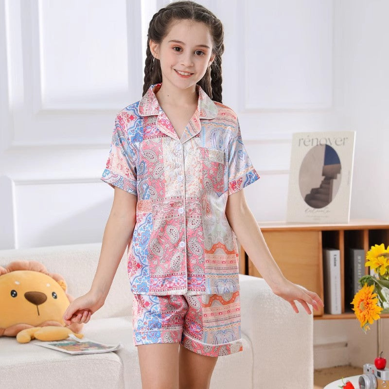 Girls' Pajamas Thin Ice Silk Children's Short-sleeved Shorts Summer