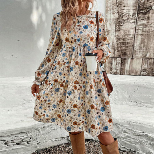 Women's Floral Print Boho Dress – Round Neck, Smocked Cuff, Midi Length