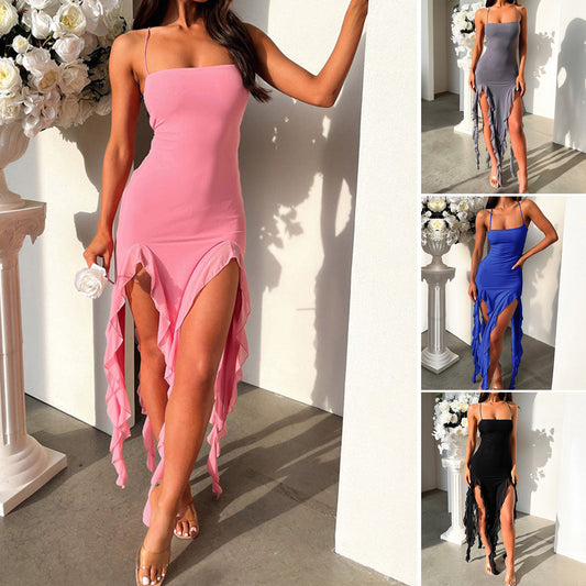 Summer Split Ruffle Suspender Tight Slim Skirt Dress - Women's Fashion - myETYN