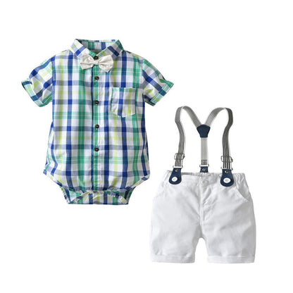 Summer Boys Gentleman Dress Short Sleeve Bodysuit Bib Shorts Set