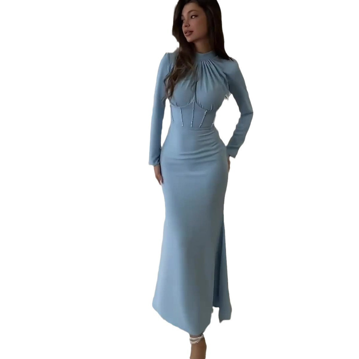 Women's Slim-fit Long-sleeved Pleated Strap Irregular Dress