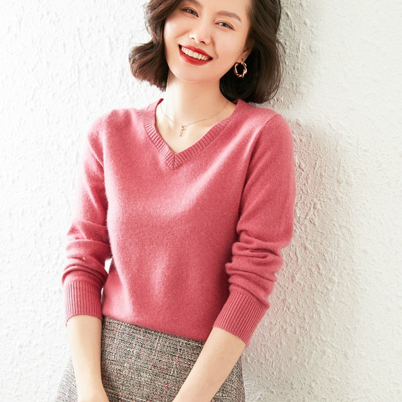 Women’s V-Neck Cashmere Sweater – Solid Color, All-Match Style