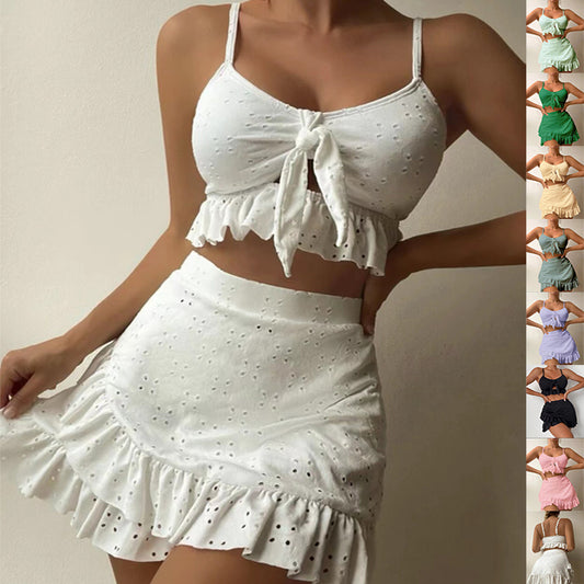 Women's 3-Piece Ruffle Bikini Swimsuit Set with Hip-Hugging Skirt (Summer)