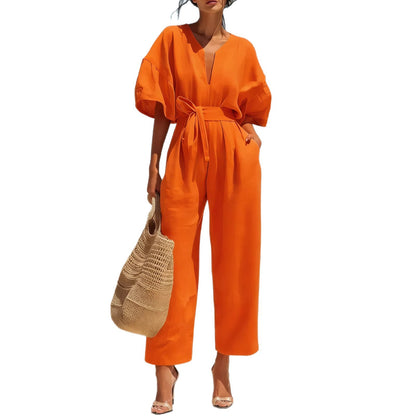 Fashionable V-Neck Cotton-Linen Jumpsuit for Women