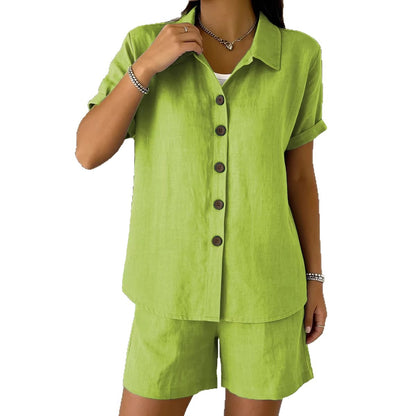 Casual Cotton-Linen Button-Up Shirt & Shorts Set – Breathable Summer Co-Ord for Women