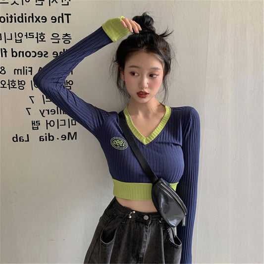 Knit Sweater V-neck New Slim-fit Contrast Short Cropped Long-sleeved Bottoming Shirt