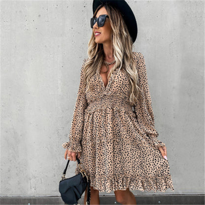 Long Sleeve Elastic Waist Ruffle Print Dress