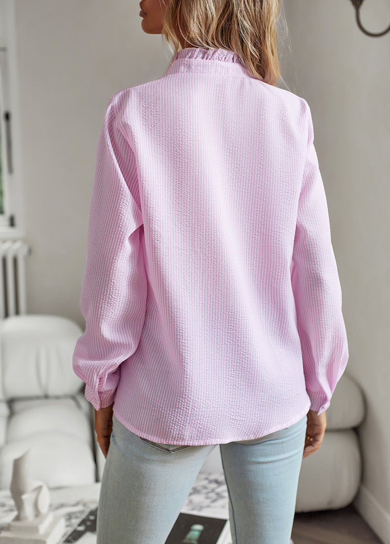 Women’s Striped Ruffle Blouse – Elegant Long Sleeve Button-Up Office Shirt