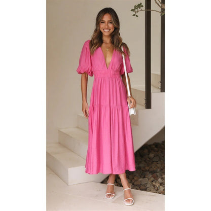 V-neck Waist-tight Mid-length Dress