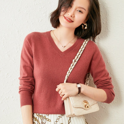 Women’s V-Neck Cashmere Sweater – Solid Color, All-Match Style