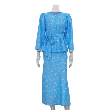 Womens Crew-neck Printed Top And Skirt Set