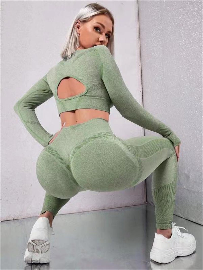 2pcs Sports Suits Long Sleeve Hollow Design Tops And Butt Lifting High Waist Seamless Fitness Leggings Sports Gym Sportswear Outfits Clothing - myetyn