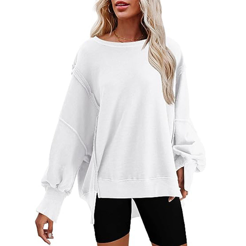 Pullover Sweatshirt Loose Round Neck Side Slit Long Sleeve Sports Sweatshirt For Women Tops - myETYN